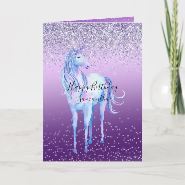 Tarjeta Púrpura Confetti Ombre Unicornio Purpurina Sparkle (Anverso)