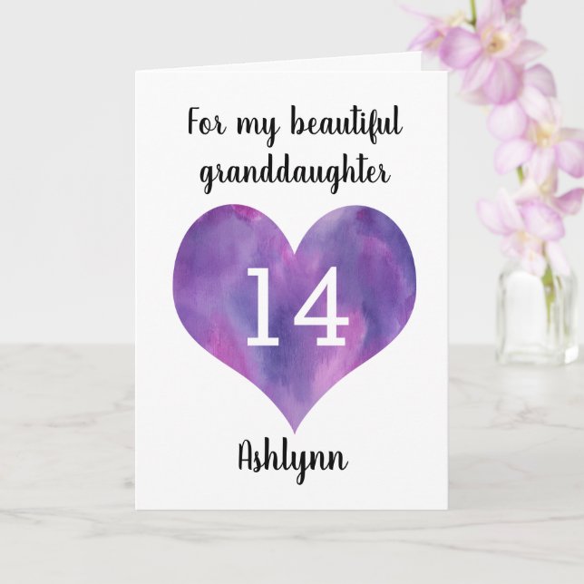 Tarjeta Púrpura Corazón 14 cumpleaños de la nieta (Orquídea)
