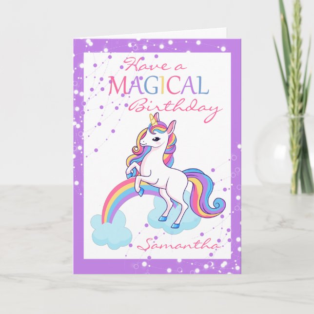 Tarjeta Púrpura de cumpleaños feliz de Unicornio (Anverso)