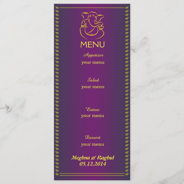 Tarjeta púrpura del menú de la boda india elegante (Anverso)