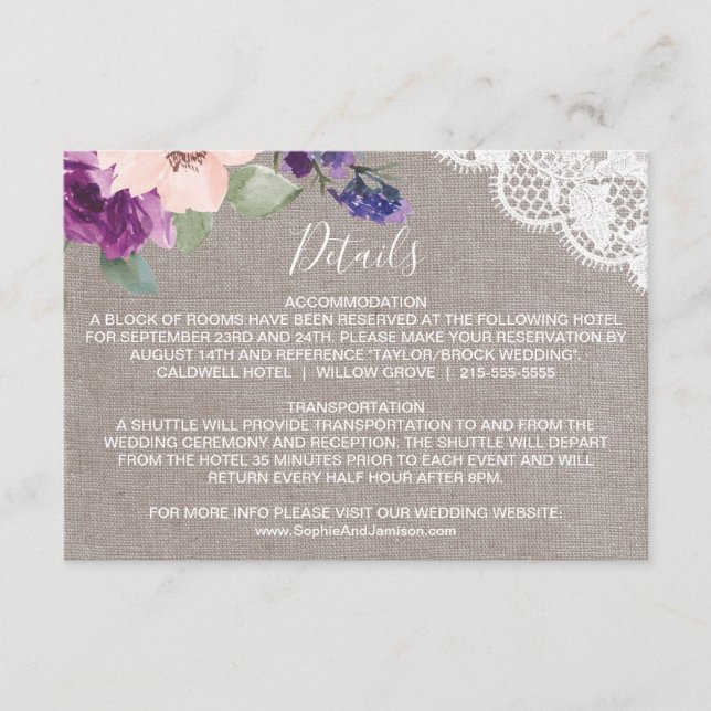 Tarjeta púrpura del parte movible de las flores y (Anverso)