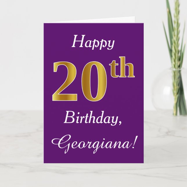 Tarjeta Púrpura, Faux Gold 20 cumpleaños + Nombre personal (Anverso)