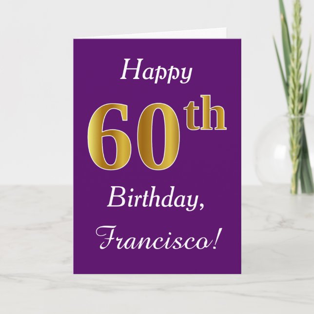 Tarjeta Púrpura, Faux Gold 60 cumpleaños + nombre personal (Anverso)