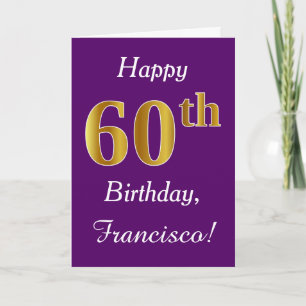 Tarjeta Púrpura, Faux Gold 60 cumpleaños + nombre personal