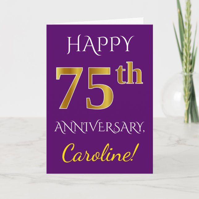 Tarjeta Púrpura, Faux Gold 75 Aniversario Boda + Nombre (Anverso)