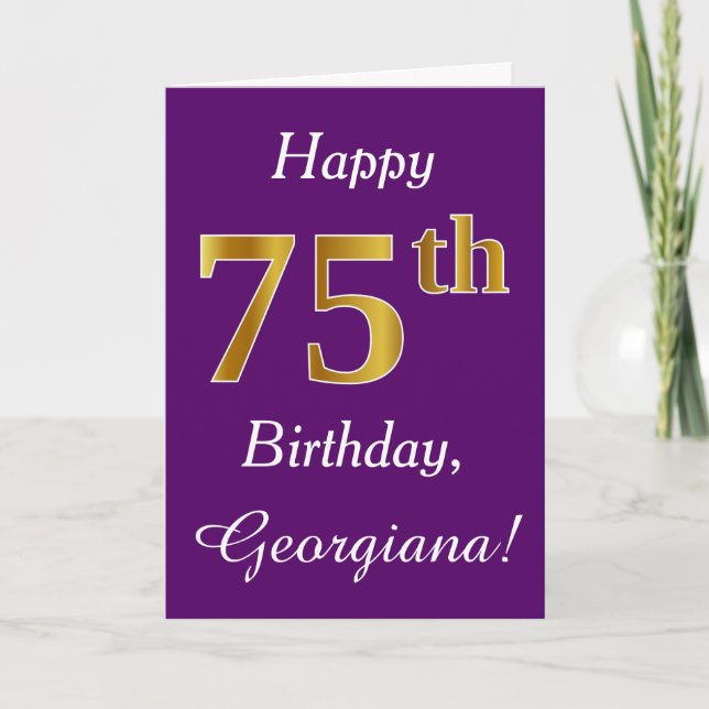 Tarjeta Púrpura, Faux Gold 75th Birthday + Nombre personal (Anverso)