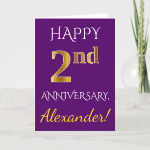 Tarjeta Púrpura, Faux Gold Segundo Aniversario Boda + Nomb