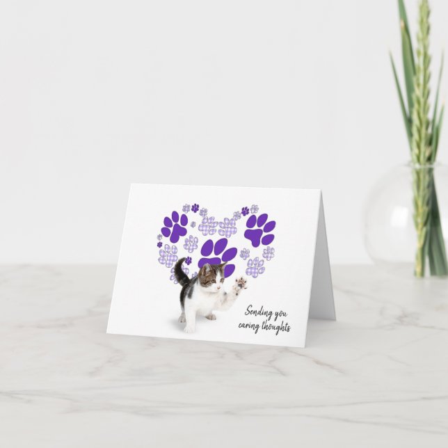 Tarjeta Púrpura Gingham Pawprint Heart por pérdida de gato (Anverso)