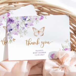 Tarjeta Púrpura mariposa de oro bebé ducha de agradecimien