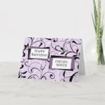 Tarjeta Púrpura Swirls Sister Cumpleaños<br><div class="desc">Tarjeta de cumpleaños para la hermana con diseño floral púrpura y negro moderno y verso reflexivo.</div>