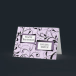Tarjeta Púrpura Swirls Sister Cumpleaños<br><div class="desc">Tarjeta de cumpleaños para la hermana con diseño floral púrpura y negro moderno y verso reflexivo.</div>