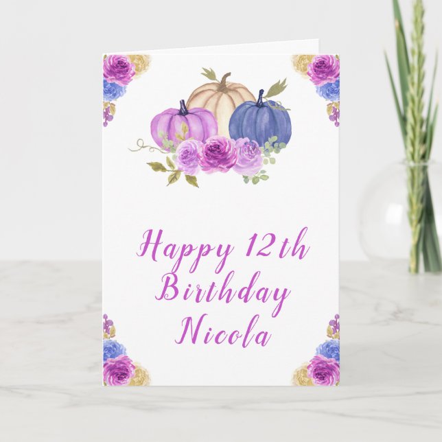 Tarjeta Púrpura y Nave Calabazas Florales Azules Cumpleaño (Anverso)