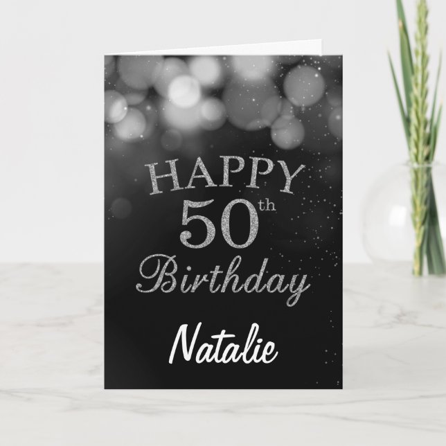 Tarjeta Purpurina 50 cumpleaños negro y plateado (Anverso)