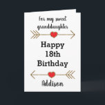 Tarjeta Purpurina Arrow Heart 18th Birthday Grandgirl<br><div class="desc">Una nieta personalizada Feliz 18 cumpleaños,  que puedes personalizar fácilmente con su nombre. Presenta flechas purpurinoso con corazones. Tenga en cuenta que no hay un purpurina real sobre este producto,  sino un efecto de diseño. Esta moderna tarjeta de 18 años le haría un gran placer de cumpleaños.</div>