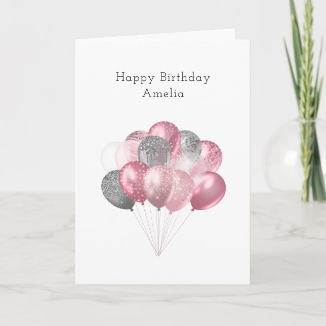 Tarjeta Purpurina Balloon Bunch Pink and Silver Cumpleaños (Anverso)