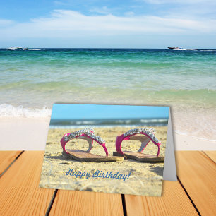 Tarjeta Purpurina Beach Sandals Happy Birthday