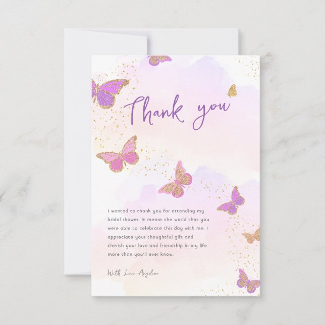 Tarjeta Purpurina Butterflies Bridal Shower Gracias (Anverso)