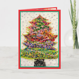 Tarjeta Purpurina de árbol de Navidad brillo rojo verde cu