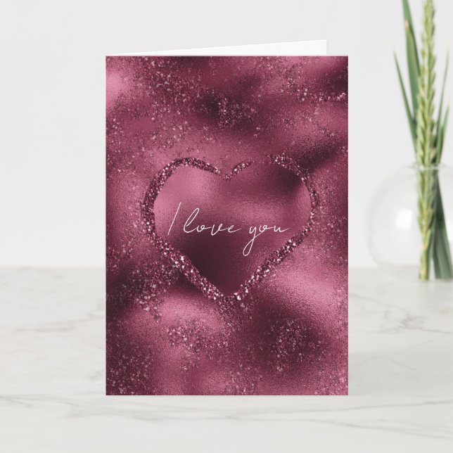 Tarjeta Purpurina de cerezos de Borgoña Sparkle Heart Love (Anverso)