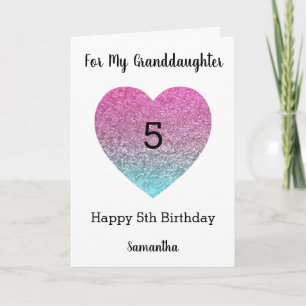 Tarjeta Purpurina de corazón rosa y azul quinto cumpleaños