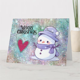 Tarjeta Purpurina de Cute Merry Christmas Snowman Pastel
