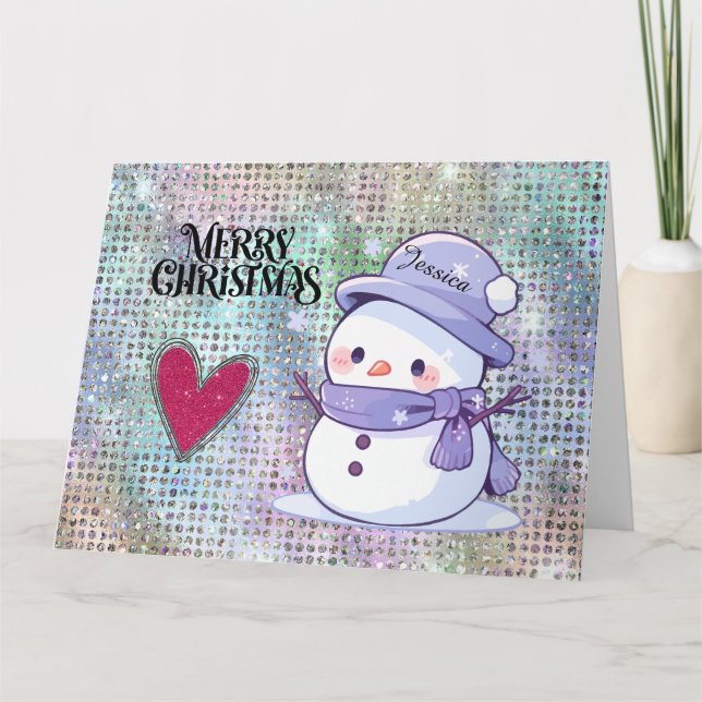 Tarjeta Purpurina de Cute Merry Christmas Snowman Pastel (Anverso)