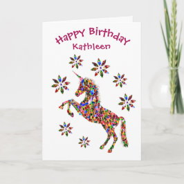 Tarjeta Purpurina de flores de cumpleaños de unicornio mág