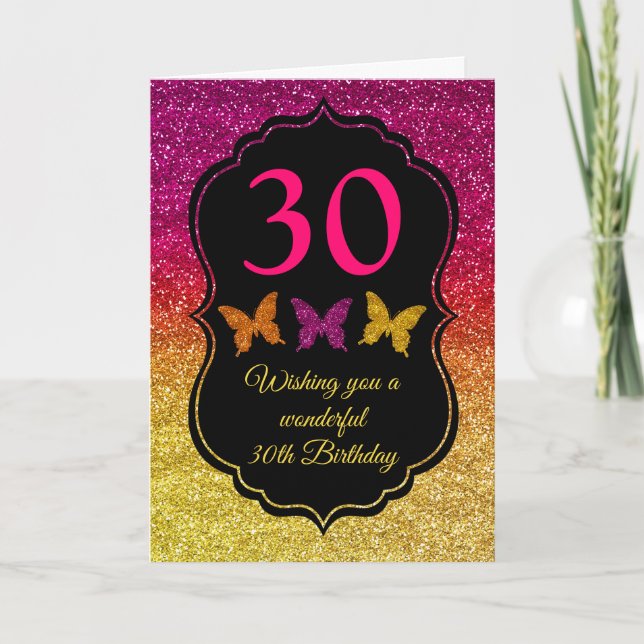 Tarjeta Purpurina de gradiente rosa y amarillo cumpleaños (Anverso)