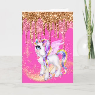 Tarjeta purpurina de las alas mágicas unicornio pony hada
