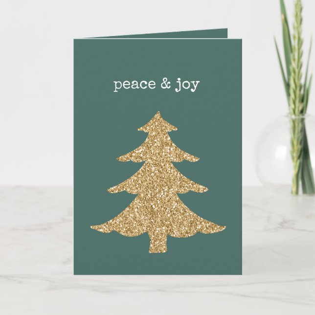 Tarjeta Purpurina de oro Árbol de Navidad Pine Paz Verde (Anverso)