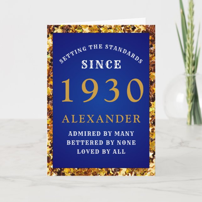 Tarjeta Purpurina de oro azul de Moda de cumpleaños 1930 (Anverso)
