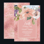 Tarjeta Purpurina de oro azul rosa Floral Dorado Chica 16º<br><div class="desc">Elegante floral rosa y azul bebé con purpurina dorado 16ª invitación a la fiesta de cumpleaños para chicas. Póngase en contacto con nosotros para obtener ayuda sobre la personalización o para solicitar productos coincidentes.</div>