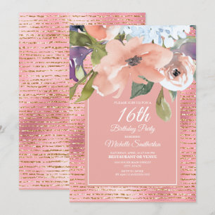 Tarjeta Purpurina de oro azul rosa Floral Dorado Chica 16º