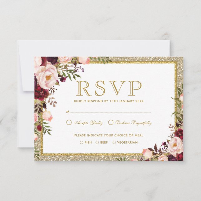 Tarjeta Purpurina de oro Borgoña Rubor Boda Floral RSVP (Anverso)
