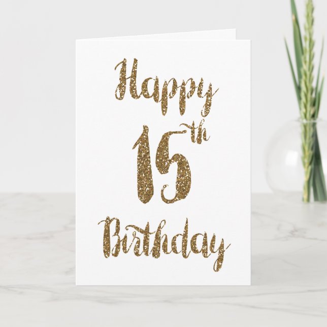 Tarjeta Purpurina de oro Feliz 15 cumpleaños (Anverso)