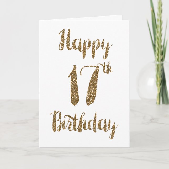 Tarjeta Purpurina de oro Feliz 17 cumpleaños (Anverso)