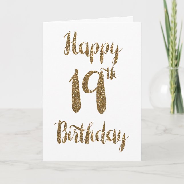 Tarjeta Purpurina de oro Feliz 19º cumpleaños (Anverso)