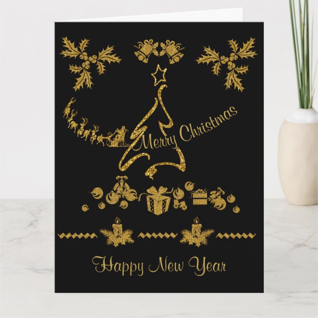 Tarjeta Purpurina de oro Feliz Navidad, Santa Claus (Anverso)