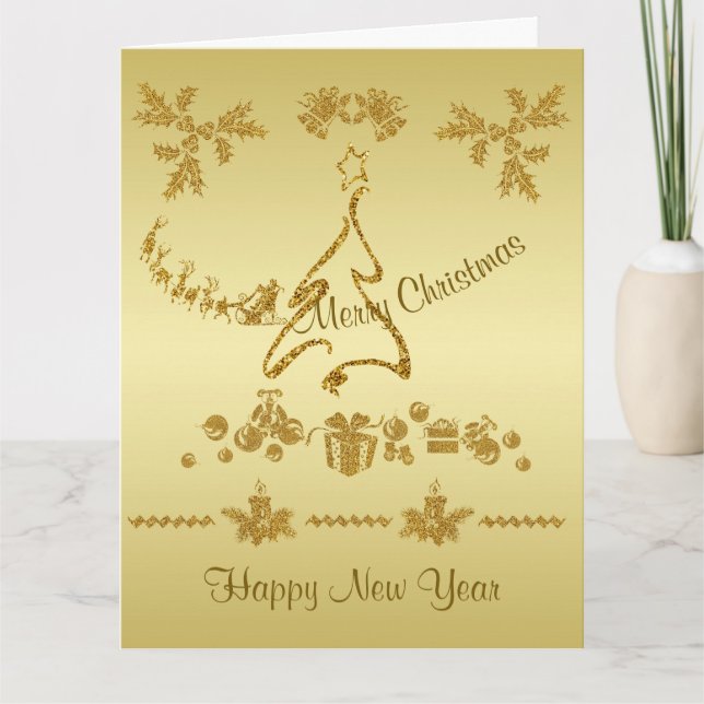 Tarjeta Purpurina de oro Feliz Navidad, Santa Claus de oro (Anverso)