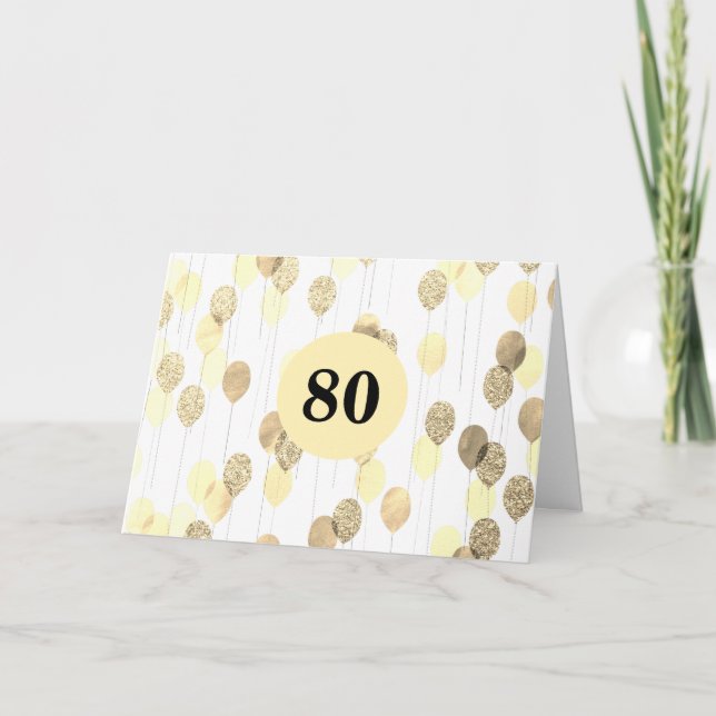 Tarjeta Purpurina de oro Globos 80 cumpleaños (Anverso)
