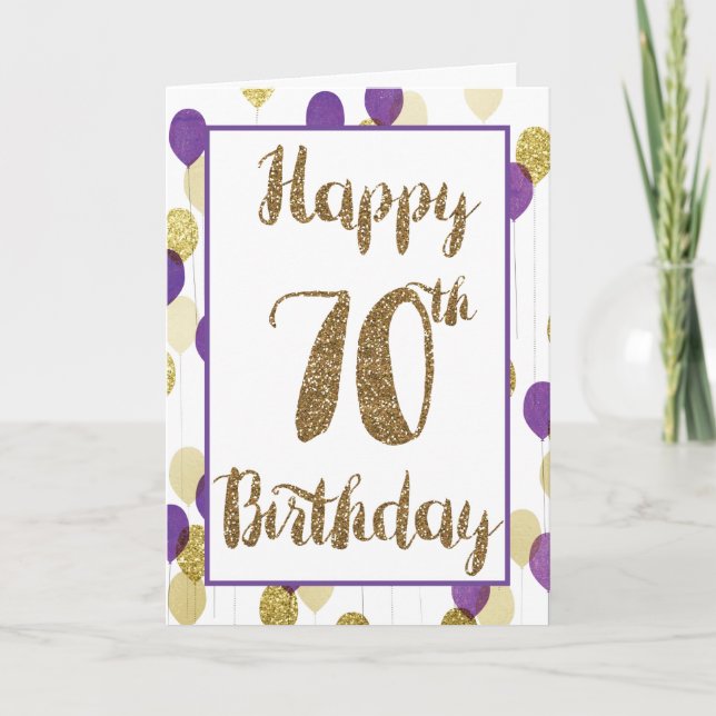 Tarjeta Purpurina de oro Globos púrpura Feliz cumpleaños n (Anverso)