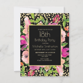 Tarjeta Purpurina de Oro Negro Floral Rosa 18º cumpleaños