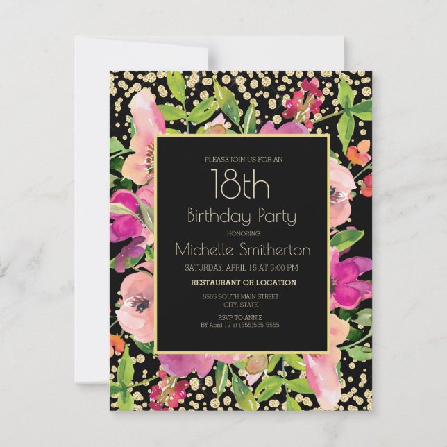 Tarjeta Purpurina de Oro Negro Floral Rosa 18º cumpleaños (Anverso)