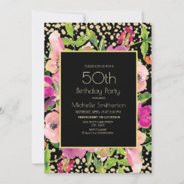 Tarjeta Purpurina de Oro Negro Floral Rosa 50 cumpleaños