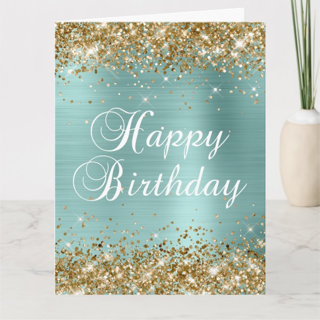 Tarjeta Purpurina de oro Pale Turquoise Big Happy Birday (Anverso)