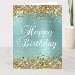 Tarjeta Purpurina de oro Pale Turquoise Big Happy Birday
