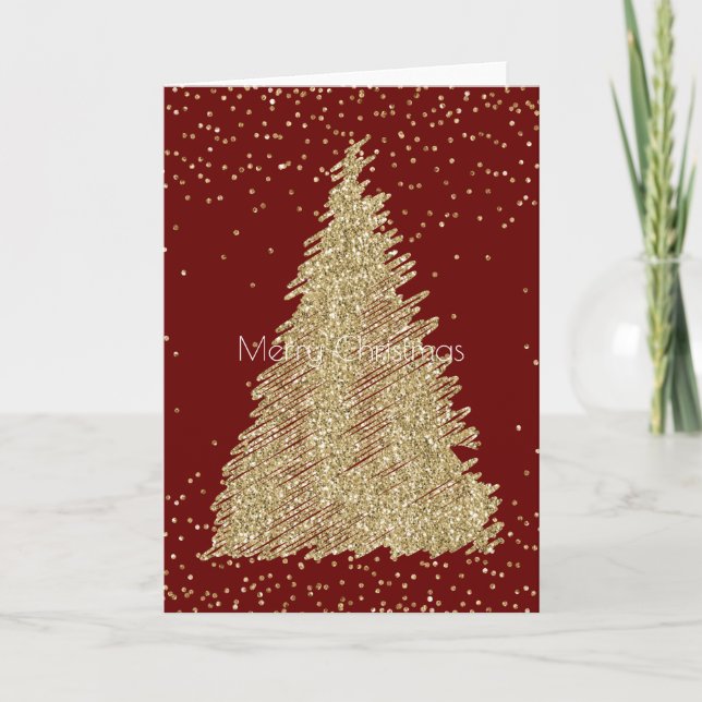 Tarjeta Purpurina de oro rojo esparce árbol de Navidad (Anverso)