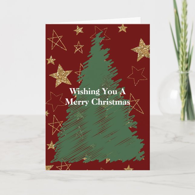 Tarjeta Purpurina de oro rojo estrena árbol de Navidad (Anverso)