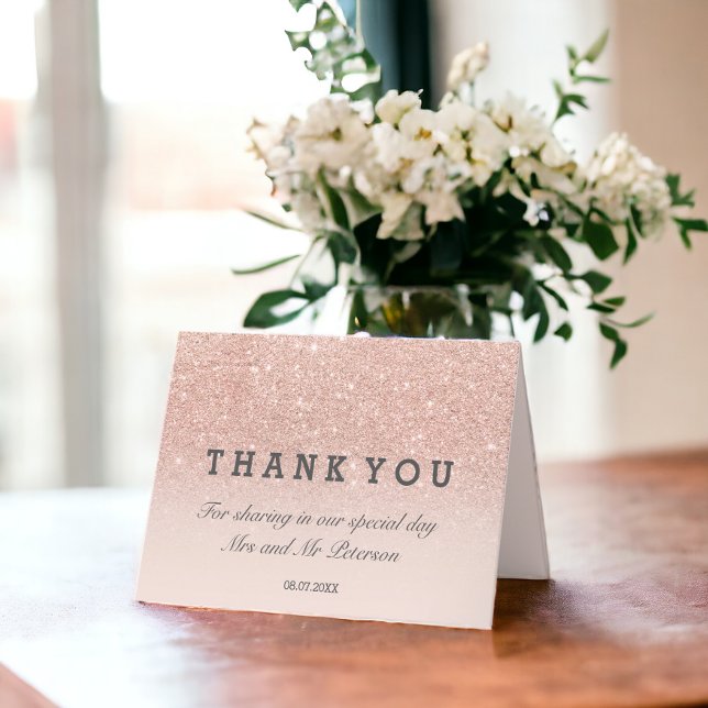 Tarjeta purpurina de oro Rosa rosa oscuro Gracias boda (Rose gold glitter pink ombre Thank you wedding Card)