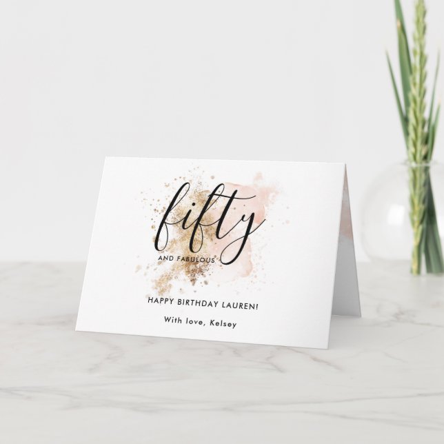 Tarjeta Purpurina de oro rosado moderno Girly 50 cumpleaño (Anverso)